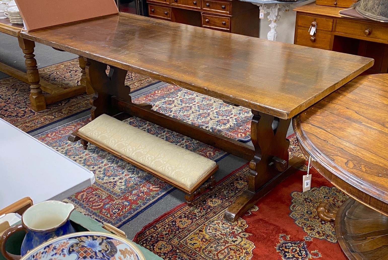 An 18th century style rectangular oak refectory dining table, length 213cm, width 91cm, height 76cm